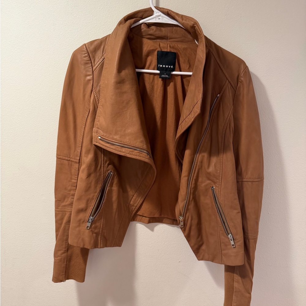 Trouvé Genuine Leather Moto Jacket | Cognac Brown | Asymmetrical Zip | Size